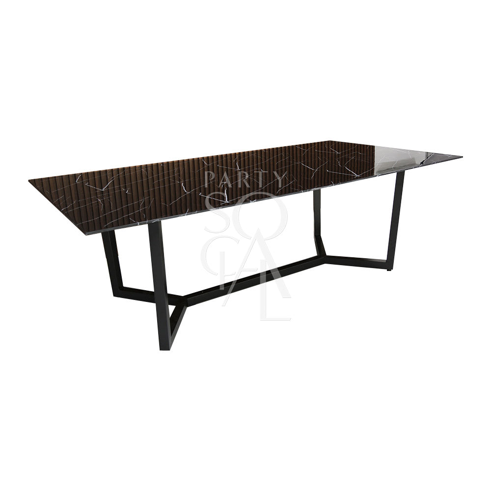 A black base with a black marble top, featuring a sleek and modern design. The monochromatic black color scheme and the sophisticated marble finish create a bold and elegant look, making this piece a stylish addition to any contemporary space. Ideal for use as a table or surface in living rooms, offices, or upscale settings.