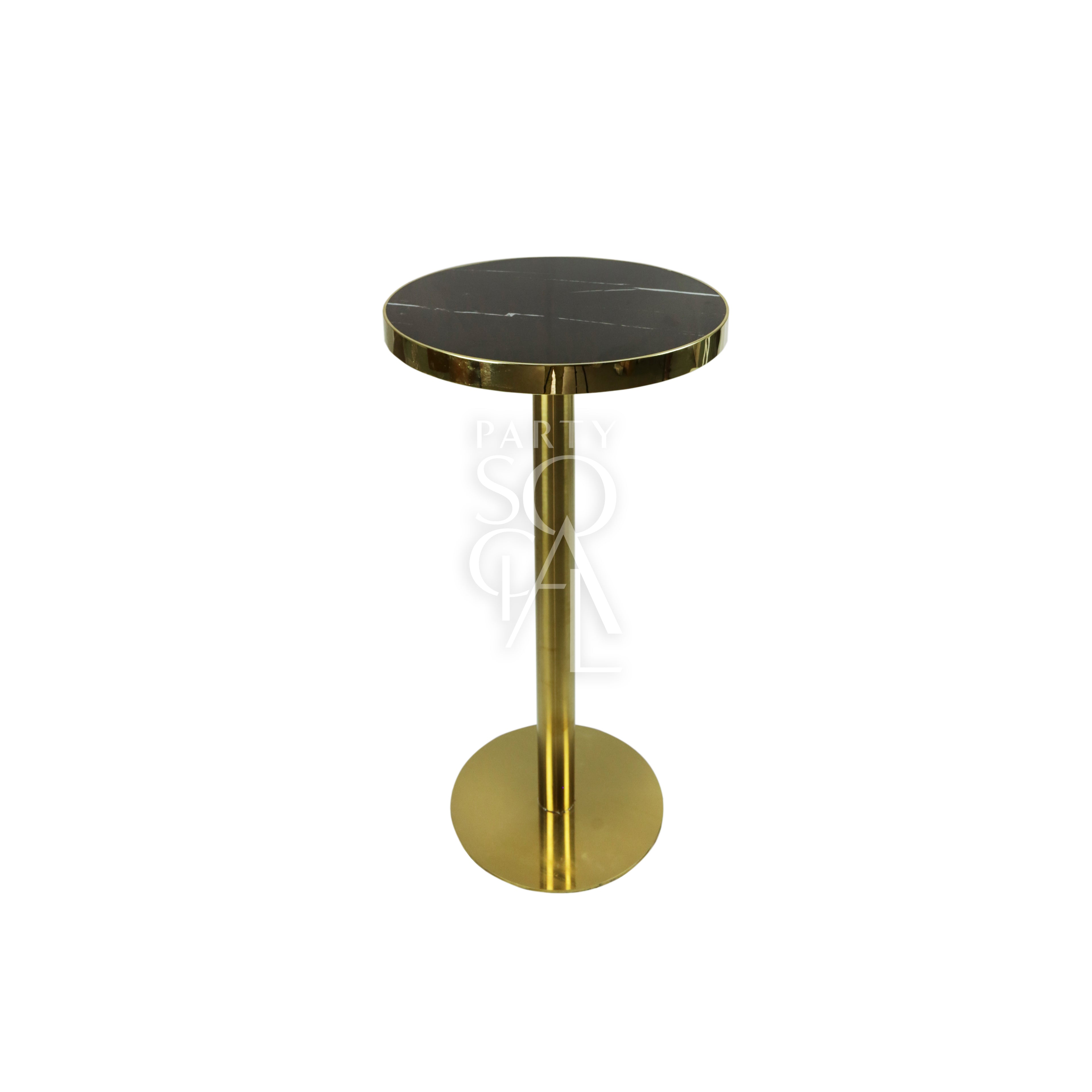Elegant cocktail tables featuring a luxurious gold finish. These tables offer a sleek and modern design, perfect for adding a touch of glamour to any event or setting. The gold color enhances the table&