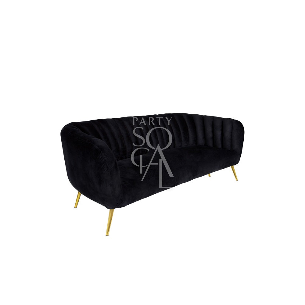 Black velvet 3-seater sofa featuring a sophisticated and contemporary design. Upholstered in rich black velvet, this sofa offers a luxurious and comfortable seating experience. Its sleek lines, plush cushions, and deep color make it a stylish centerpiece for modern living rooms or lounges, perfect for adding a touch of elegance and comfort.