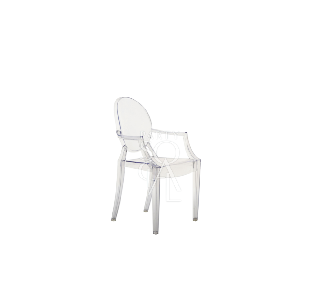 Mini Ghost chair with arms (Louis) featuring a chic and modern design. This transparent acrylic chair is styled with a classic Louis XVI-inspired back and arms, blending contemporary materials with timeless elegance. Ideal for adding a touch of sophistication and space-saving functionality to any setting, perfect for both formal and casual occasions.
