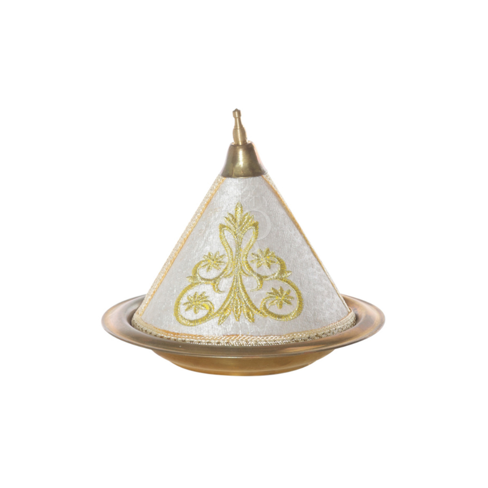 A pristine white Arabic tajine with a classic conical lid, available for rent. Its smooth surface and delicate patterns highlight its traditional design.
