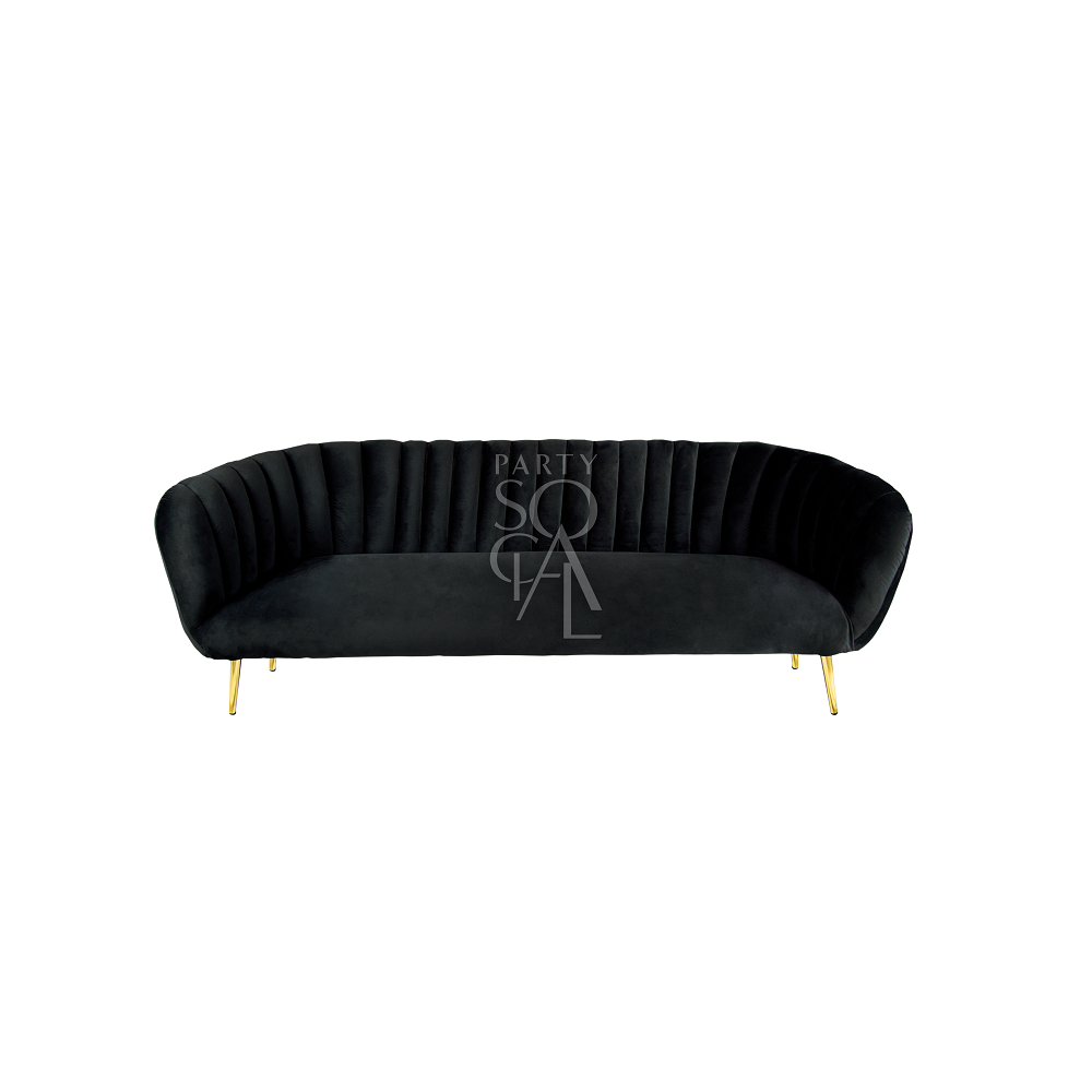 Black velvet 3-seater sofa featuring a sophisticated and contemporary design. Upholstered in rich black velvet, this sofa offers a luxurious and comfortable seating experience. Its sleek lines, plush cushions, and deep color make it a stylish centerpiece for modern living rooms or lounges, perfect for adding a touch of elegance and comfort.