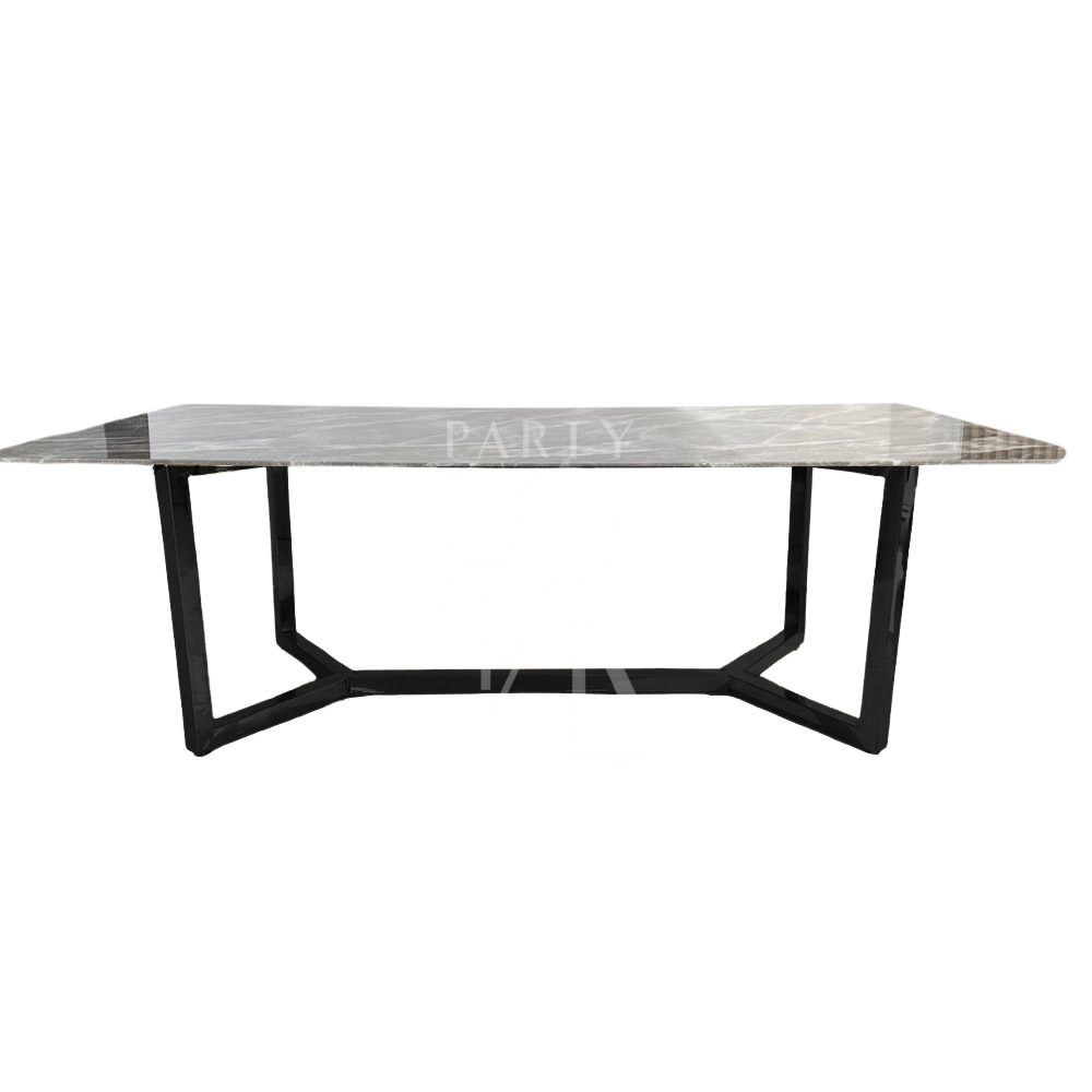 A table with a black base and a grey marble top, featuring a sleek and modern design. The black steel base provides a sturdy foundation, while the grey marble top adds a touch of elegance and sophistication. This stylish table enhances any decor with its refined and contemporary look.