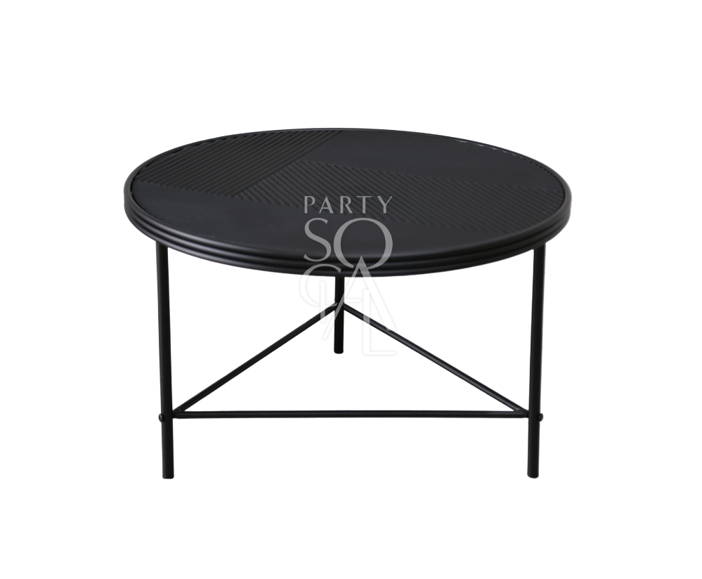 A black lined coffee table featuring a sleek and minimalist design. This modern table has a striking black surface with clean, lined detailing, adding a sophisticated touch to any living room or lounge. Ideal for enhancing your space with contemporary elegance while providing a functional surface for drinks, books, and decorative items.