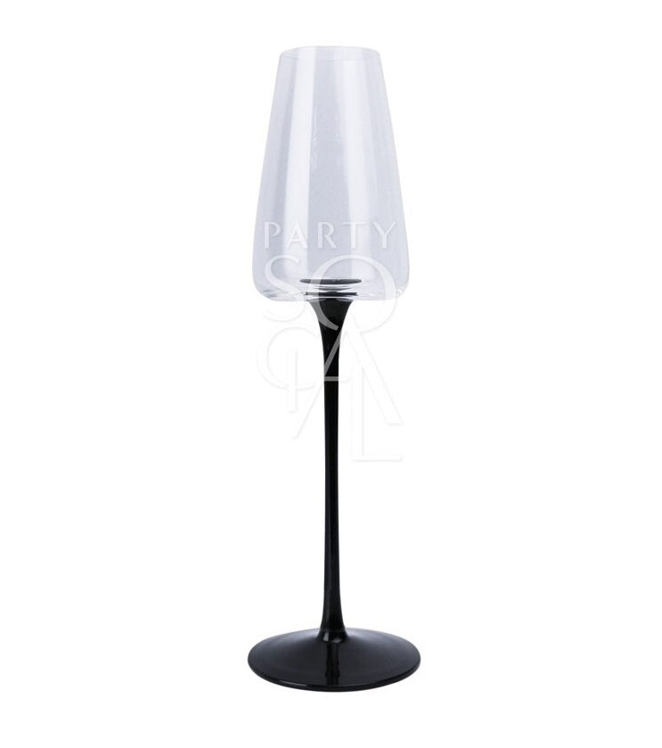 Black stemmed glasses featuring a sleek and modern design. These glasses have a transparent bowl with a striking black stem, adding a contemporary and stylish touch to your table setting. Perfect for enhancing the presentation of drinks at formal dinners, special events, or chic gatherings.