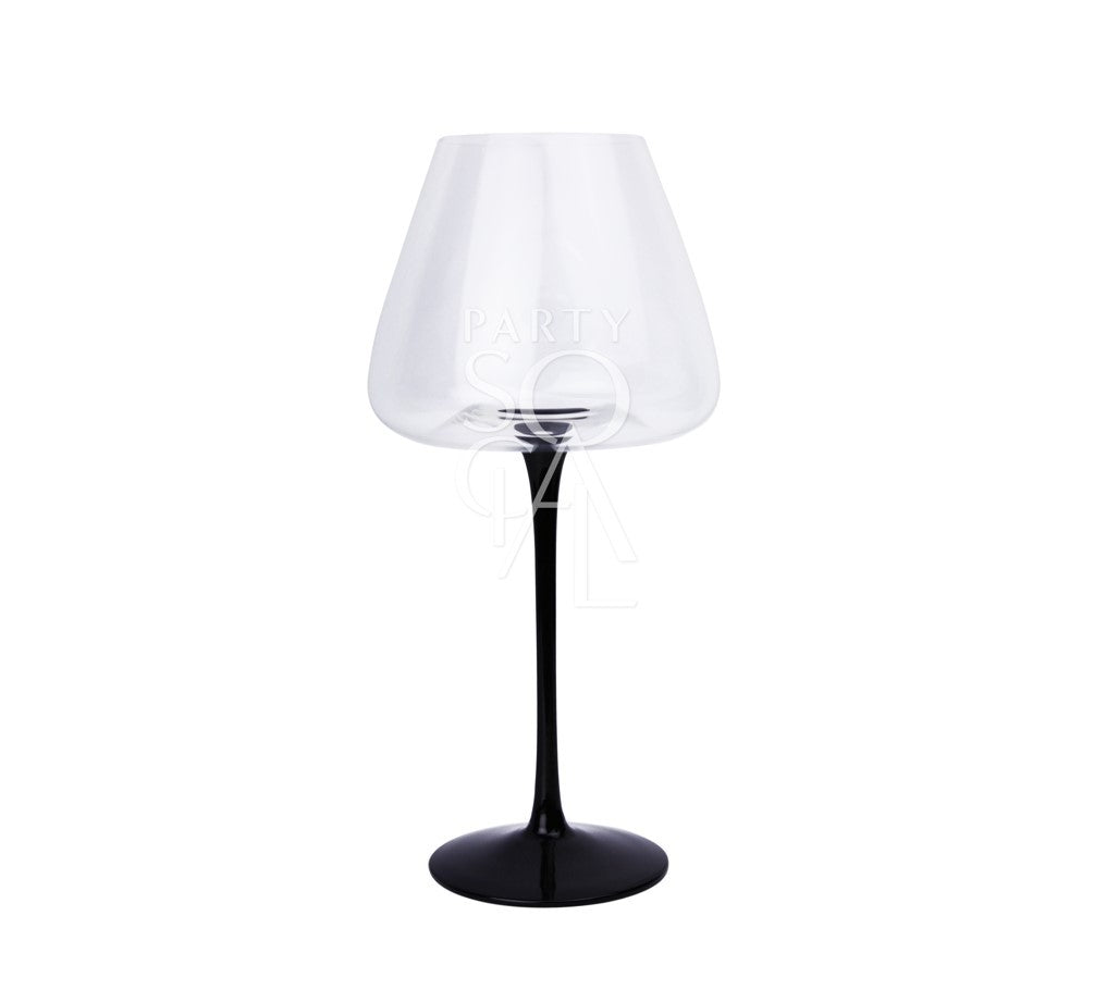 Black stemmed glasses featuring a sleek and modern design. These glasses have a transparent bowl with a striking black stem, adding a contemporary and stylish touch to your table setting. Perfect for enhancing the presentation of drinks at formal dinners, special events, or chic gatherings.