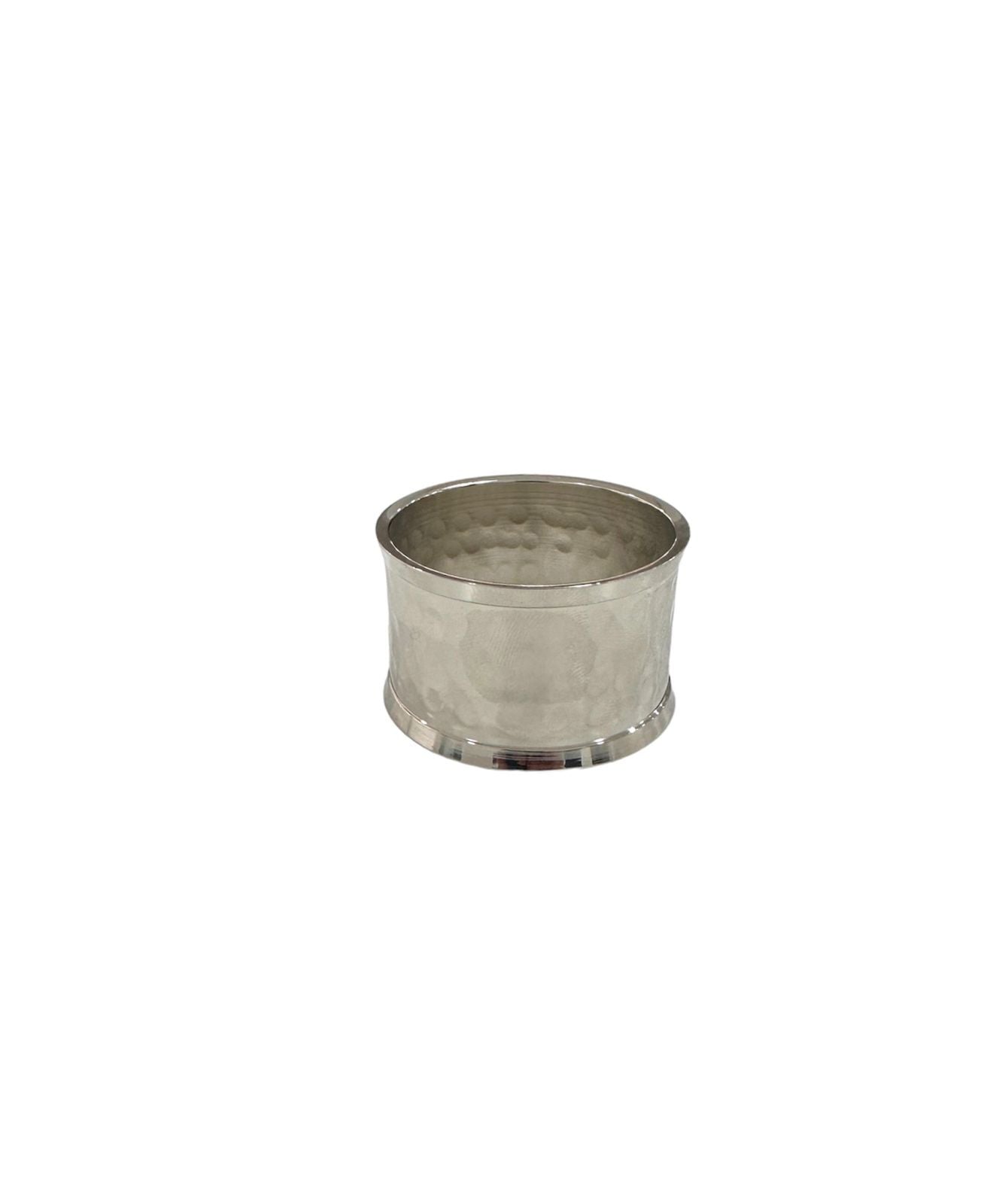 A silver hammered round napkin ring, featuring a textured, hammered finish that adds a touch of elegance and sophistication. This stylish napkin ring enhances any table setting with its refined and modern design, perfect for formal dinners, parties, and special occasions.
