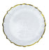 A clear pearl charger plate with a gold rim featuring an elegant and sophisticated design. This charger plate has a transparent pearl finish complemented by a luxurious gold rim, adding a touch of glamour to any table setting. Ideal for formal dining occasions or special events, it enhances the overall presentation of your tableware.