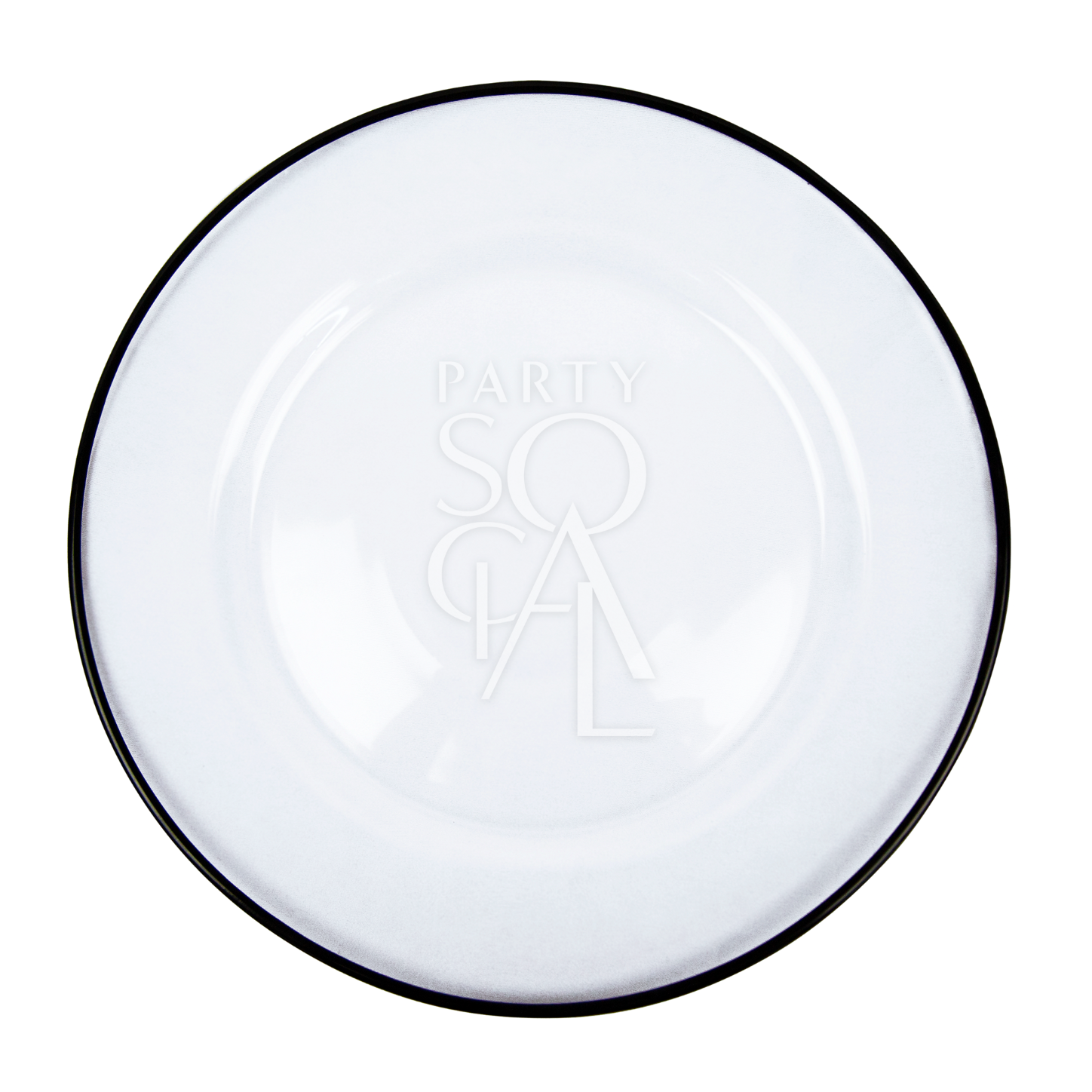 A clear charger plate with a black rim featuring a sleek and modern design. This elegant plate has a transparent surface accented by a bold black rim, adding a contemporary touch to any table setting. Perfect for enhancing the presentation of your tableware at formal dinners, special events, or everyday meals.