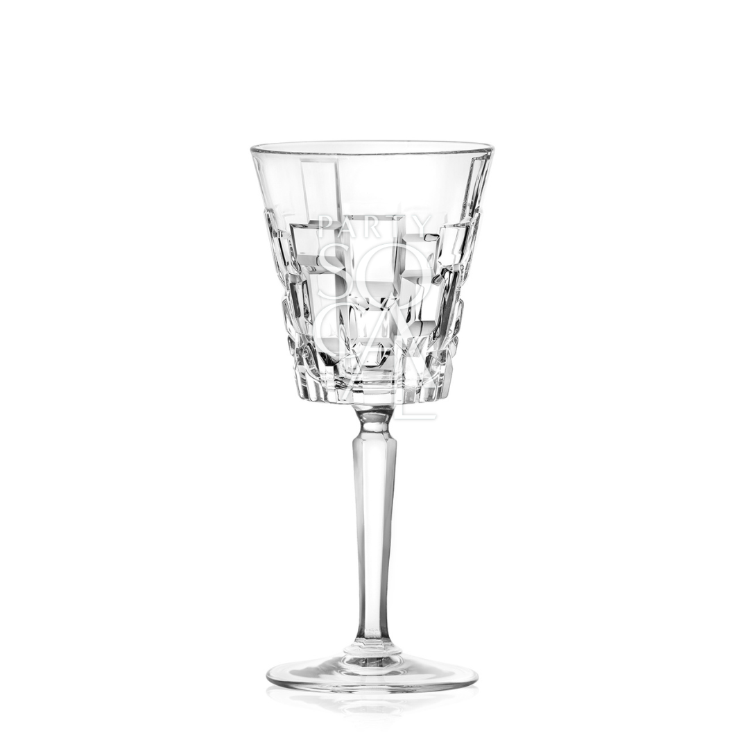 Crystal Mykonos glasses featuring an exquisite and luxurious design. These glasses are crafted from high-quality crystal with a stunning, intricate pattern that reflects light beautifully. Ideal for adding a touch of sophistication and elegance to any table setting, perfect for special occasions or upscale dining experiences.