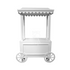 A white dessert cart, featuring a sleek and elegant design with multiple tiers for showcasing sweets and treats. The cart&