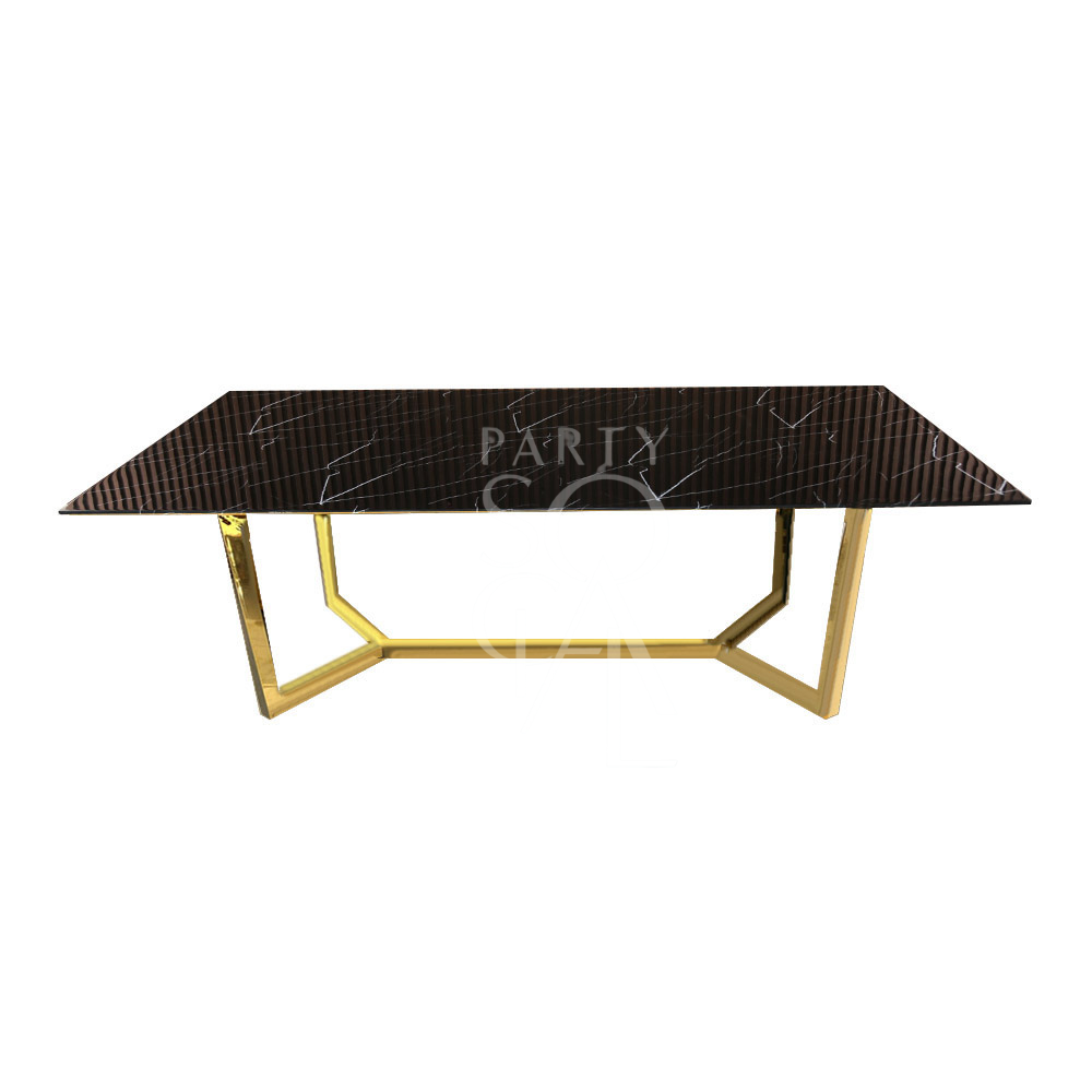 A table with a gold base and a black marble top, featuring a bold and luxurious design. The gold base offers a striking contrast to the deep, rich black marble top, creating a sophisticated and modern look. This elegant table enhances any decor with its refined and dramatic style.