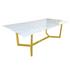 A table with a gold base and a white marble top, featuring a luxurious and elegant design. The gold base adds a touch of opulence, while the white marble top provides a classic and sophisticated finish. This striking combination enhances any decor with its refined and glamorous look.