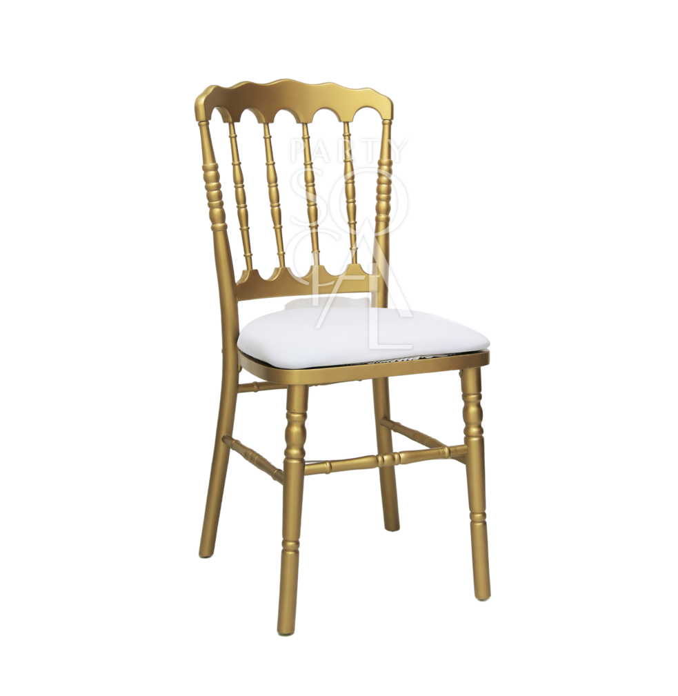 Napoleon gold chair with a luxurious, gilded finish. This classic chair design features an ornate back and legs, highlighted by a rich gold color that adds a touch of elegance and opulence. Ideal for upscale events, formal dining, or stylish interior spaces, it blends traditional charm with a glamorous gold hue.