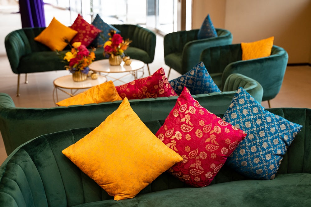 A cushion cover in brocade, featuring a luxurious and intricate pattern with rich textures and details. The brocade fabric adds an elegant and opulent touch, perfect for enhancing the decor of sofas, chairs, or beds with a sophisticated and stylish accent.