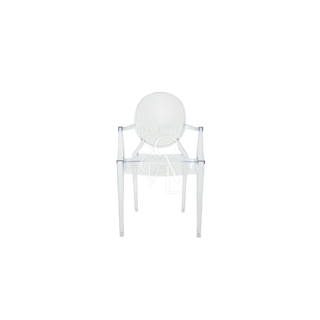 Mini Ghost chair with arms (Louis) featuring a chic and modern design. This transparent acrylic chair is styled with a classic Louis XVI-inspired back and arms, blending contemporary materials with timeless elegance. Ideal for adding a touch of sophistication and space-saving functionality to any setting, perfect for both formal and casual occasions.