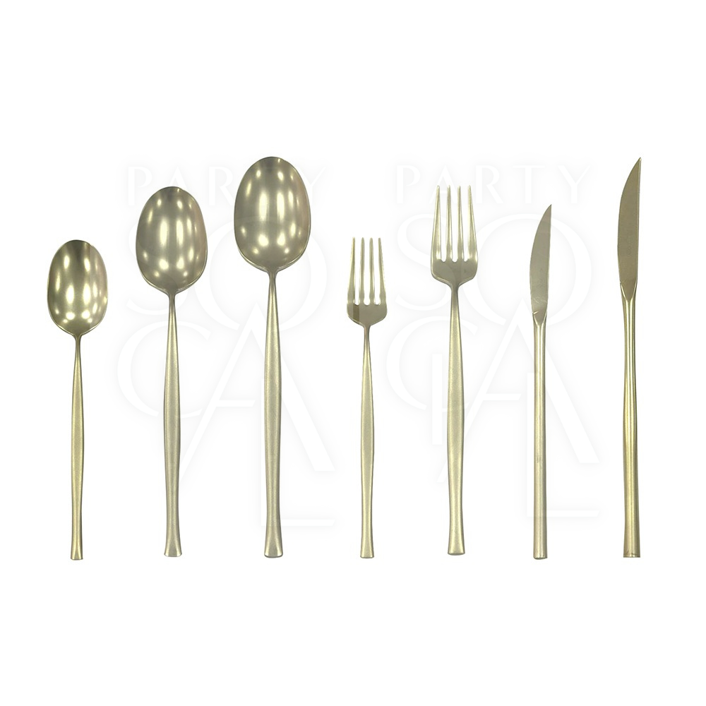 Modern Champagne Cutlery Set, featuring a sleek and contemporary design with a champagne finish. This stylish cutlery set includes dinner knives, dinner forks, dinner spoons, dessert forks, and dessert spoons, perfect for adding a touch of elegance and sophistication to any dining experience. Ideal for formal dinners, special occasions, or everyday use.