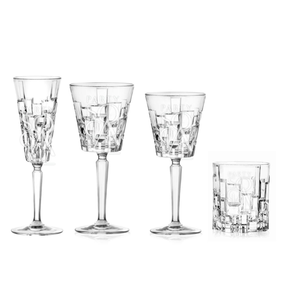 Crystal Mykonos glasses featuring an exquisite and luxurious design. These glasses are crafted from high-quality crystal with a stunning, intricate pattern that reflects light beautifully. Ideal for adding a touch of sophistication and elegance to any table setting, perfect for special occasions or upscale dining experiences.