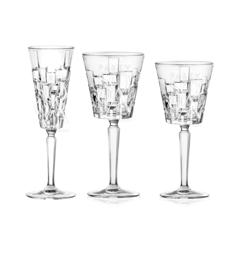 Crystal Mykonos glasses featuring an exquisite and luxurious design. These glasses are crafted from high-quality crystal with a stunning, intricate pattern that reflects light beautifully. Ideal for adding a touch of sophistication and elegance to any table setting, perfect for special occasions or upscale dining experiences.