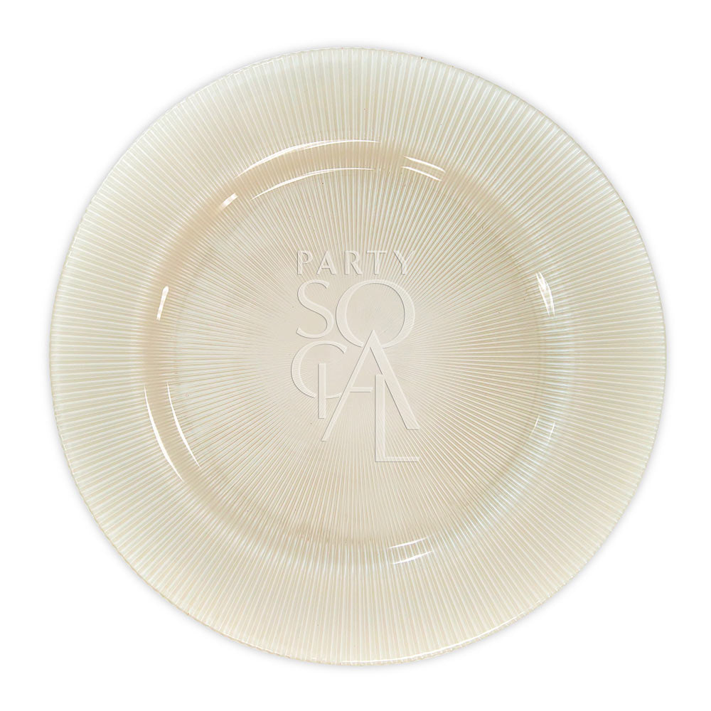 A white charger plate featuring a lined pattern, providing a classic and sophisticated appearance. The crisp white color adds a timeless elegance to your table decor.