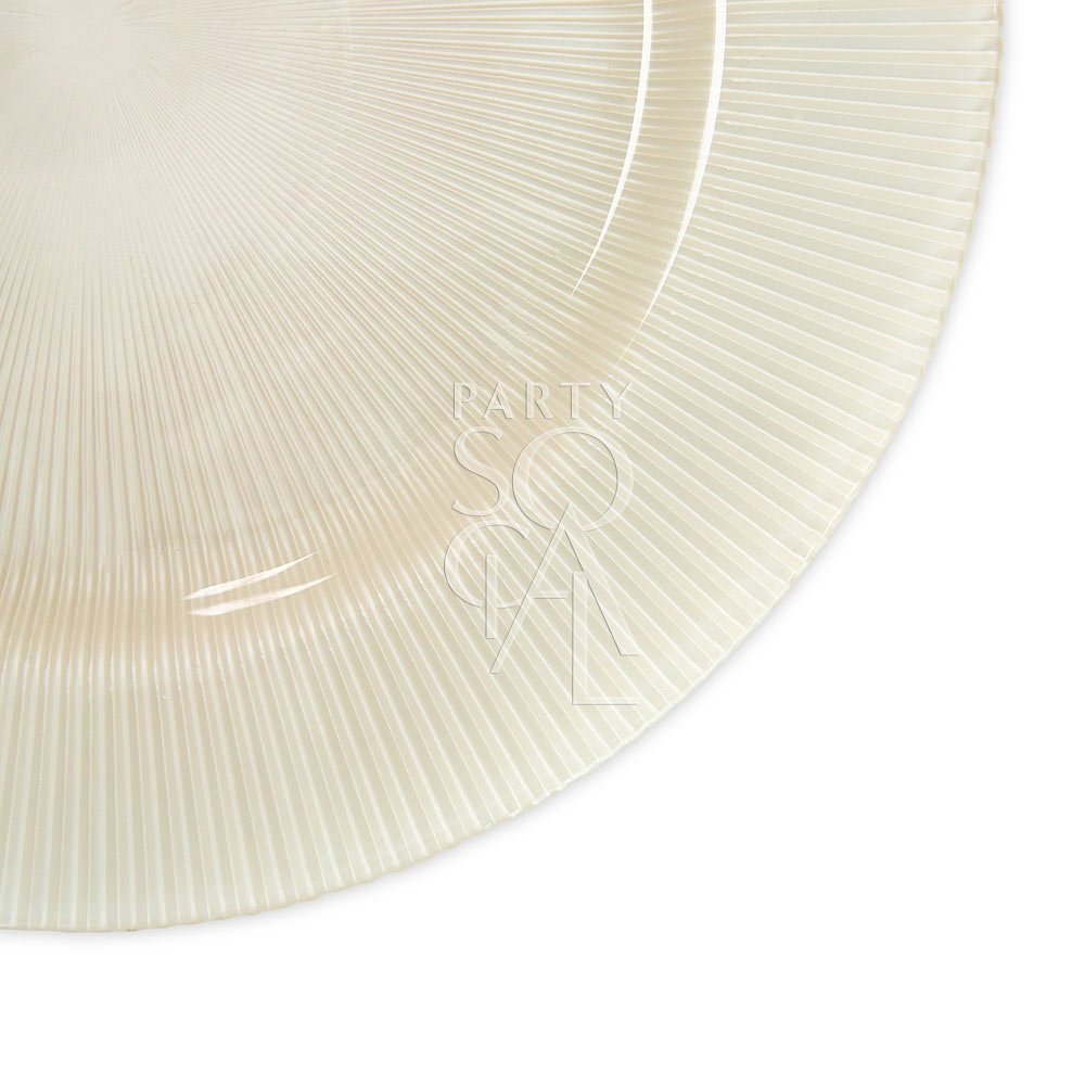 A clear charger plate with a lined design, offering a sleek and minimalist look. The transparent finish enhances any table setting with a subtle, elegant touch.