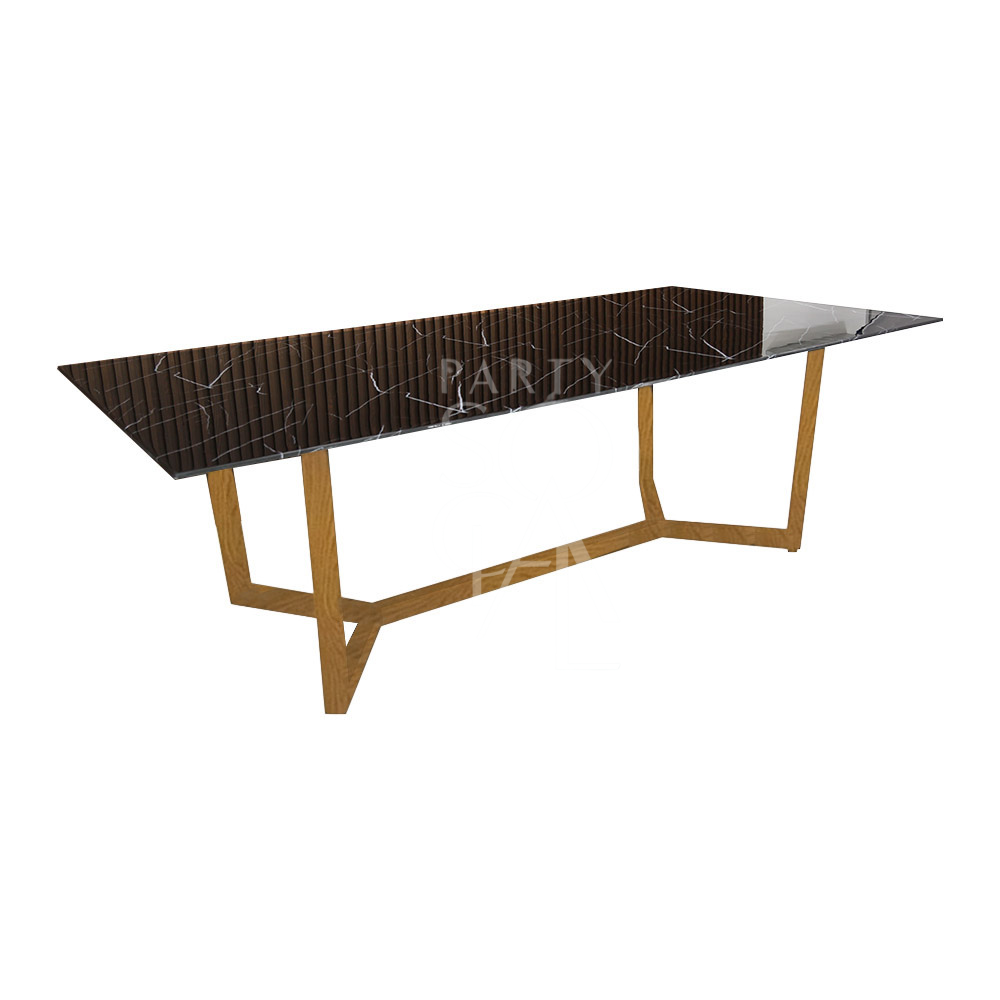 A table with a natural base and a black marble top, featuring a sophisticated and contemporary design. The natural base adds a warm, earthy contrast to the sleek black marble top, creating a striking and elegant focal point. This table enhances any decor with its refined and modern look.
