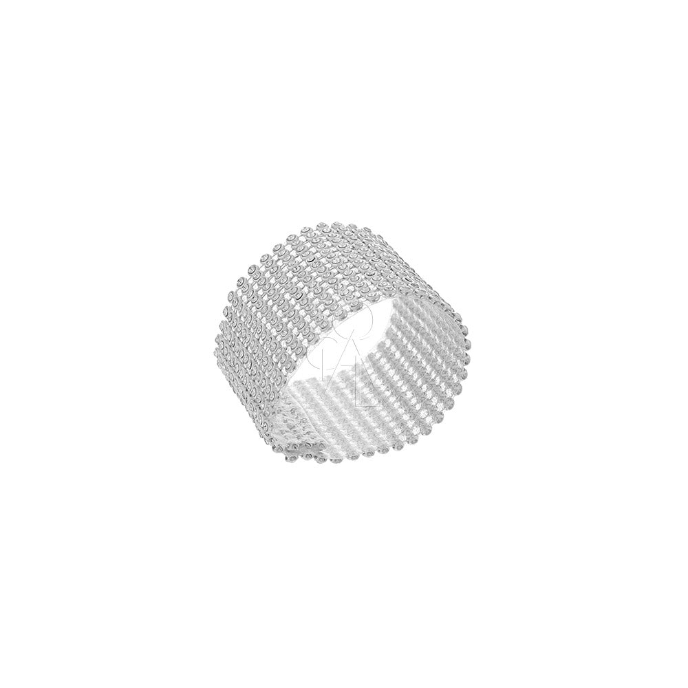 A diamante round napkin ring featuring a sparkling and elegant design. This napkin ring is adorned with clear, faceted diamante stones arranged in a round pattern, adding a touch of glamour and sophistication to any table setting. Perfect for formal dinners, special occasions, or adding a luxurious detail to your table decor.