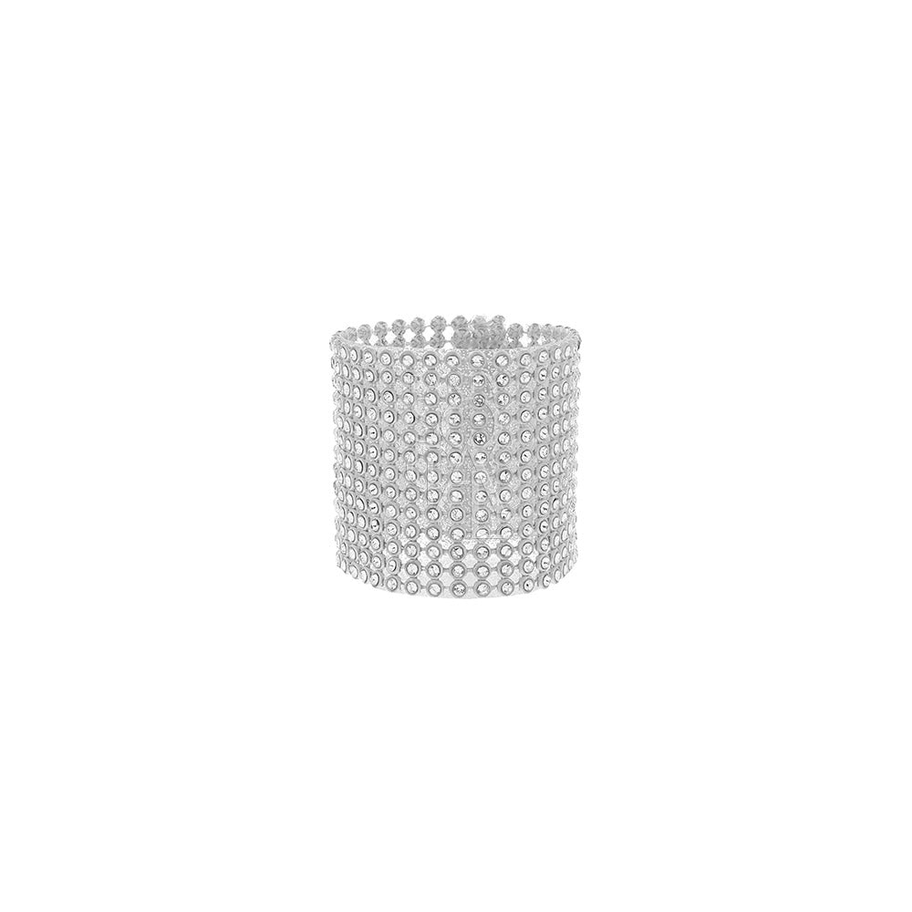 A diamante round napkin ring featuring a sparkling and elegant design. This napkin ring is adorned with clear, faceted diamante stones arranged in a round pattern, adding a touch of glamour and sophistication to any table setting. Perfect for formal dinners, special occasions, or adding a luxurious detail to your table decor.