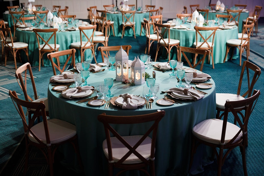 Round banquet tables, providing ample seating and a classic shape for events and gatherings, designed for both comfort and style.