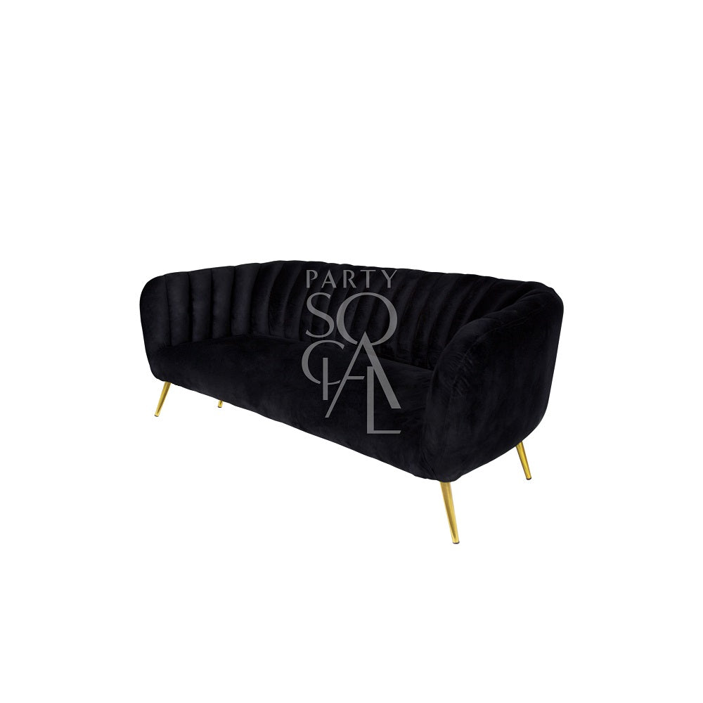 Black velvet 3-seater sofa featuring a sophisticated and contemporary design. Upholstered in rich black velvet, this sofa offers a luxurious and comfortable seating experience. Its sleek lines, plush cushions, and deep color make it a stylish centerpiece for modern living rooms or lounges, perfect for adding a touch of elegance and comfort.