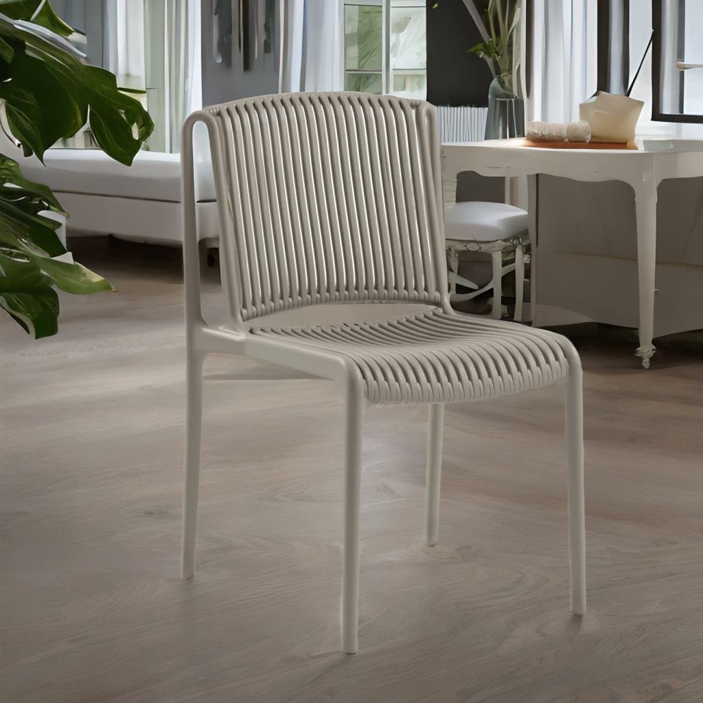 Elegant chair upholstered in taupe fabric with a lined texture, offering a modern and stylish look. The chair features a streamlined design and a comfortable seat, perfect for enhancing any interior space.