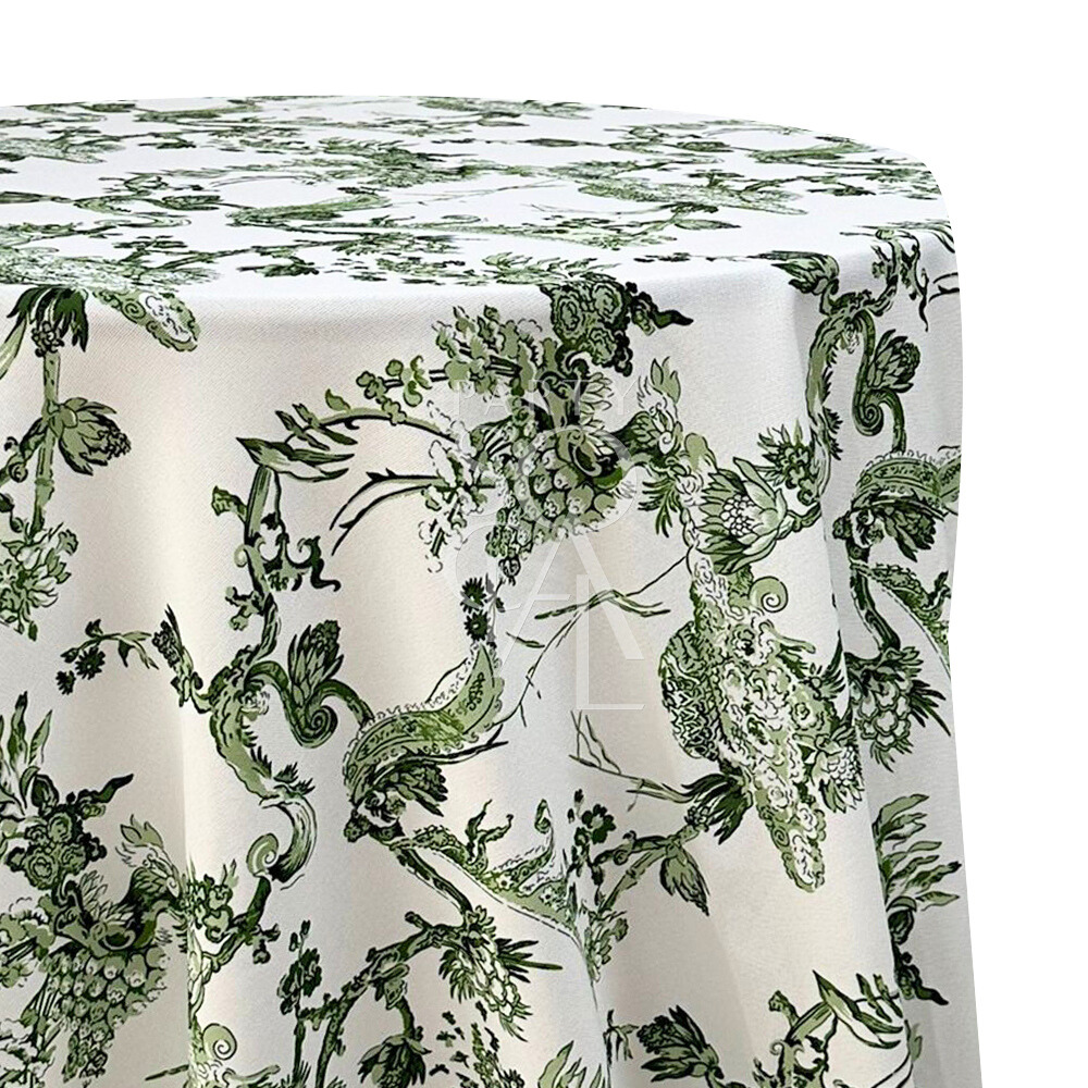 A rectangular linen tablecloth with a green vine pattern, featuring an elegant and nature-inspired design. This tablecloth adds a touch of freshness and sophistication to your dining area, with its intricate green vine motif enhancing both casual and formal settings.
