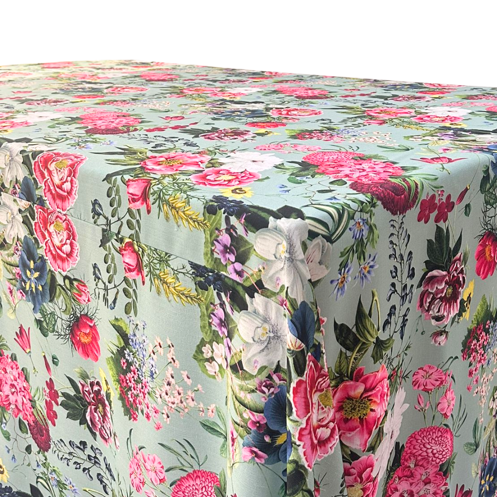 A pink peonies rectangular tablecloth featuring a vibrant, floral design. This high-quality tablecloth adds a touch of elegance and charm to your dining table. Made from durable, easy-to-care-for fabric, it is perfect for enhancing any meal or event with a burst of color. Ideal for both everyday use and special occasions, it provides a stylish and sophisticated look to any table setting. Available in various sizes to fit your needs.