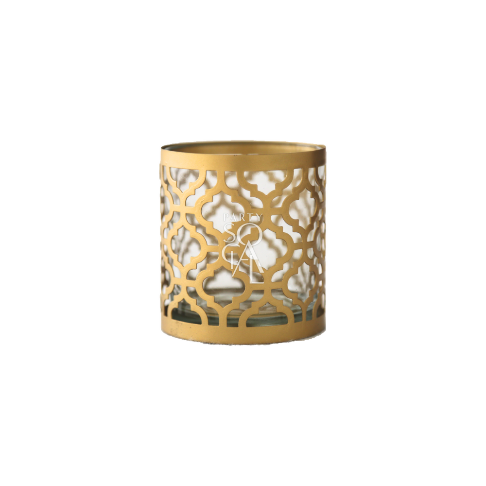 A gold Arabesque candle holder featuring an intricate and elegant design. This candle holder is adorned with detailed Arabesque patterns in a luxurious gold finish, adding a touch of sophistication and charm to any room. Ideal for creating a warm and inviting atmosphere during special occasions or enhancing everyday decor.