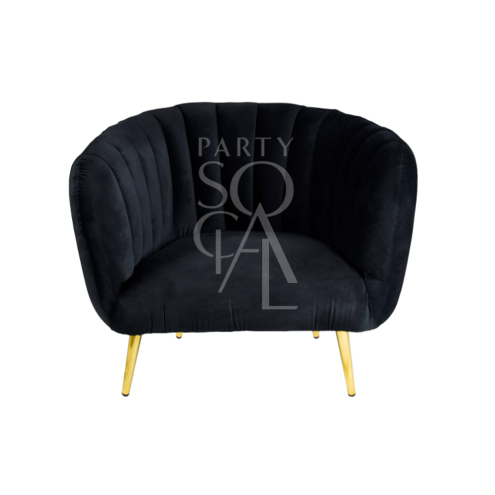 Black velvet single seater featuring a luxurious and contemporary design. This chair is upholstered in rich black velvet, offering a plush and elegant seating experience. Its sleek, minimalist silhouette and deep, sumptuous fabric make it a stylish addition to any modern living space or office.