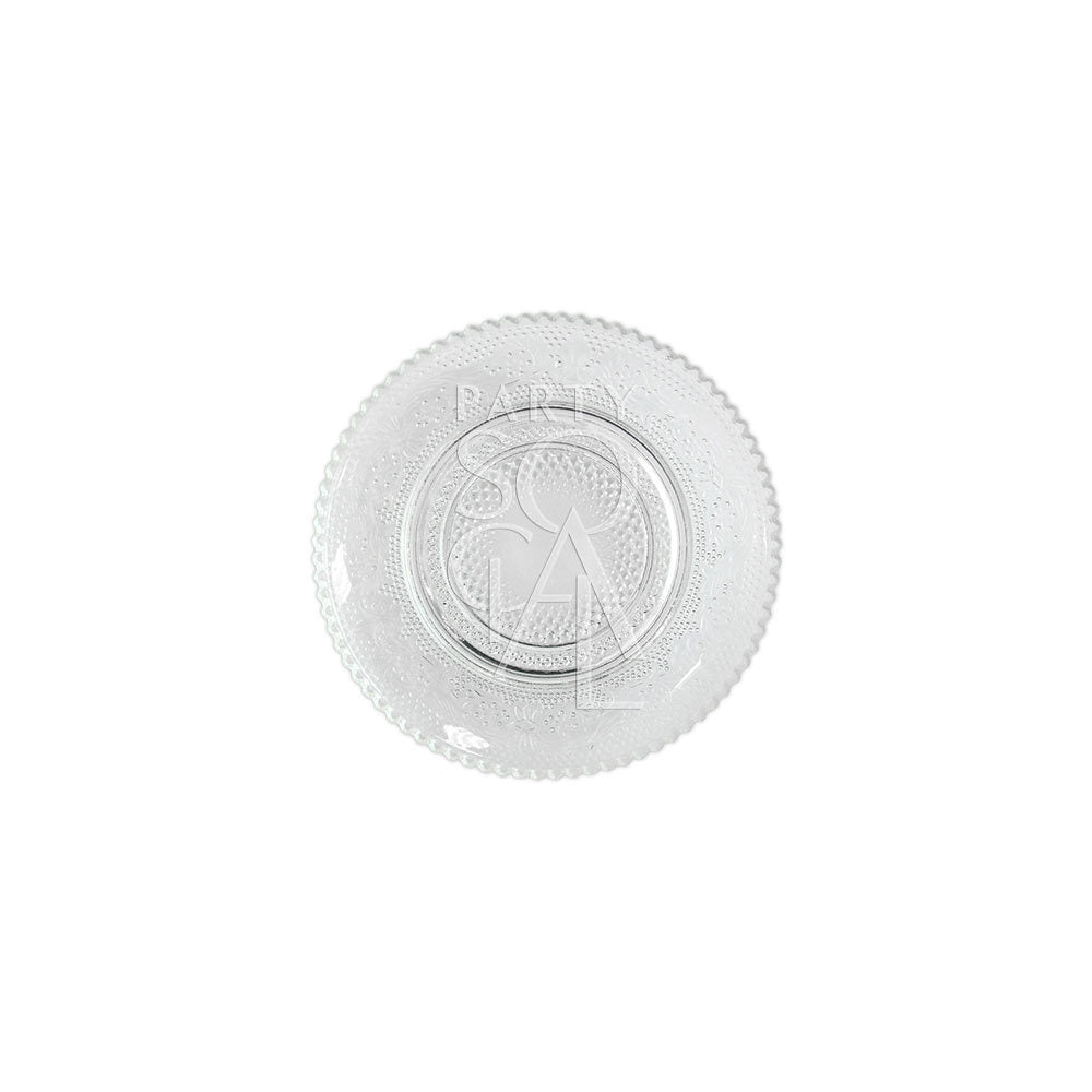 Vintage clear glass plates featuring an elegant and timeless design. These plates have a classic transparent glass surface with intricate vintage patterns, adding a touch of nostalgia and sophistication to any table setting. Ideal for formal dinners, special occasions, or adding a refined detail to everyday meals.