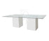 Modern glass dining table featuring a sleek, transparent tabletop supported by a sturdy, minimalist base. The clear glass surface enhances the table’s elegant design, making it a versatile and stylish choice for contemporary dining spaces and modern interiors.