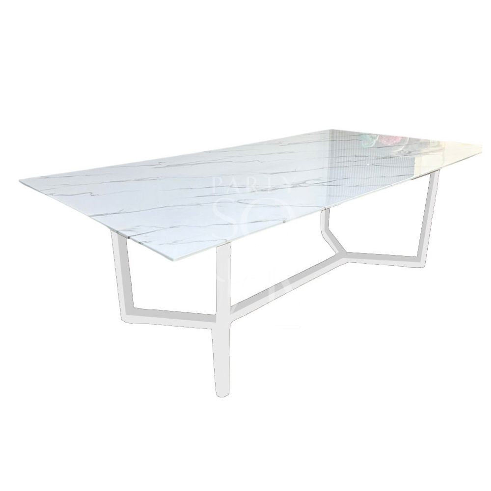 A table with a white base and a white marble top, featuring a clean and elegant design. The matching white base and marble top create a seamless and sophisticated look, adding a touch of modern refinement and brightness to any decor.