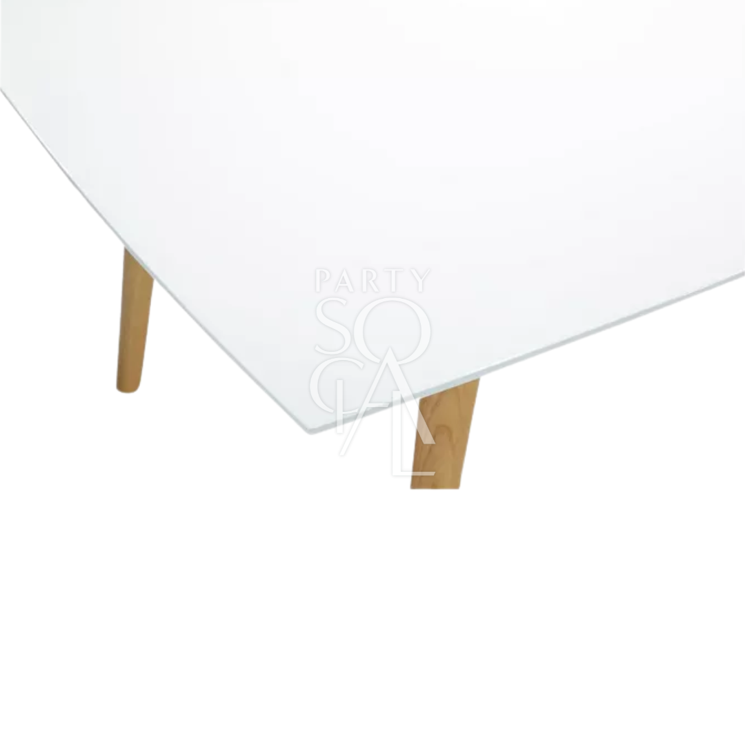 White rectangular table, featuring a sleek and modern design with a clean, crisp finish, perfect for dining or event setups.
