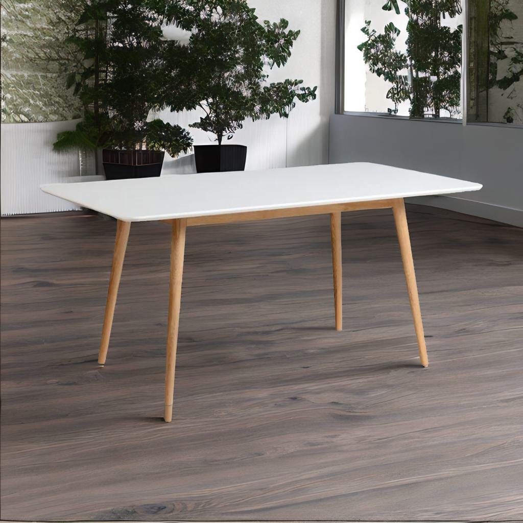 White rectangular table, featuring a sleek and modern design with a clean, crisp finish, perfect for dining or event setups.