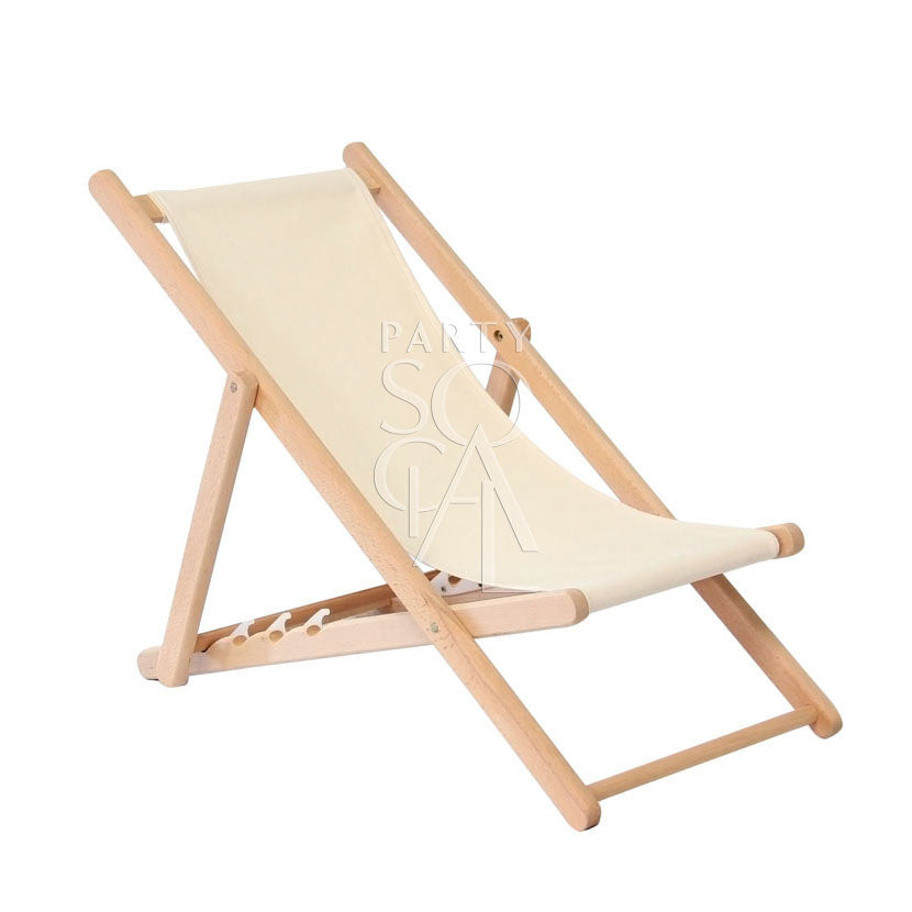 Classic wooden deckchairs with a sturdy frame and natural finish, providing comfortable and stylish outdoor seating, perfect for relaxing on patios, gardens, or beach settings.