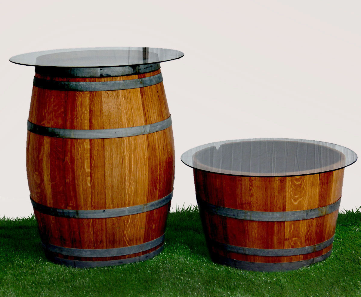Rustic half wine barrel table with a weathered wood finish. Features a round top made from a repurposed wine barrel, complete with metal bands for an authentic vintage look. Perfect for adding a touch of rustic charm to any space.