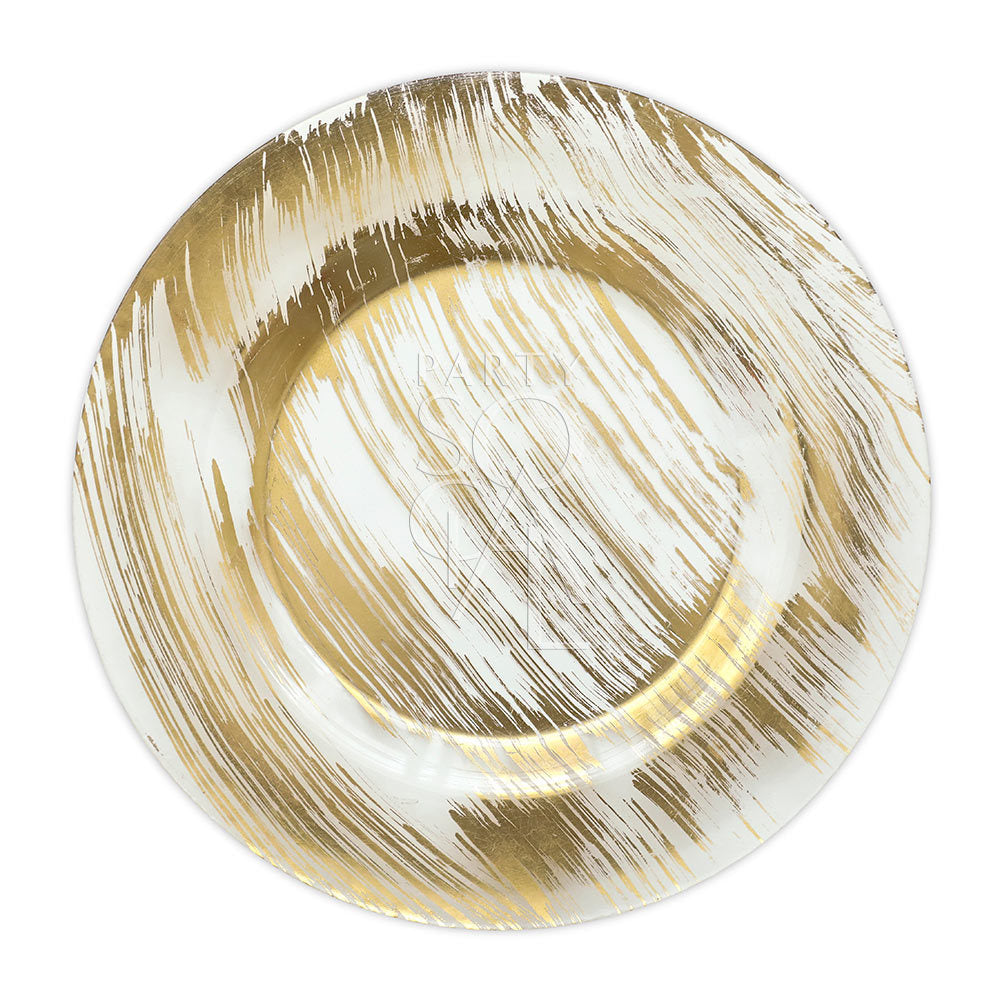 Gold brushed charger plate with a textured surface, providing a luxurious and refined appearance for a sophisticated table setting.