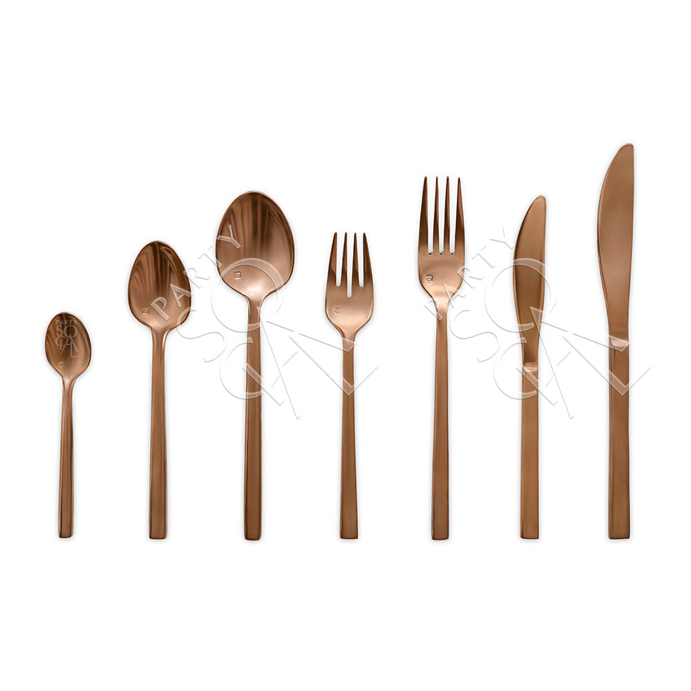 Stylish rose gold cutlery set with a warm, metallic sheen, featuring a modern design that adds a touch of sophistication and elegance to any dining arrangement.