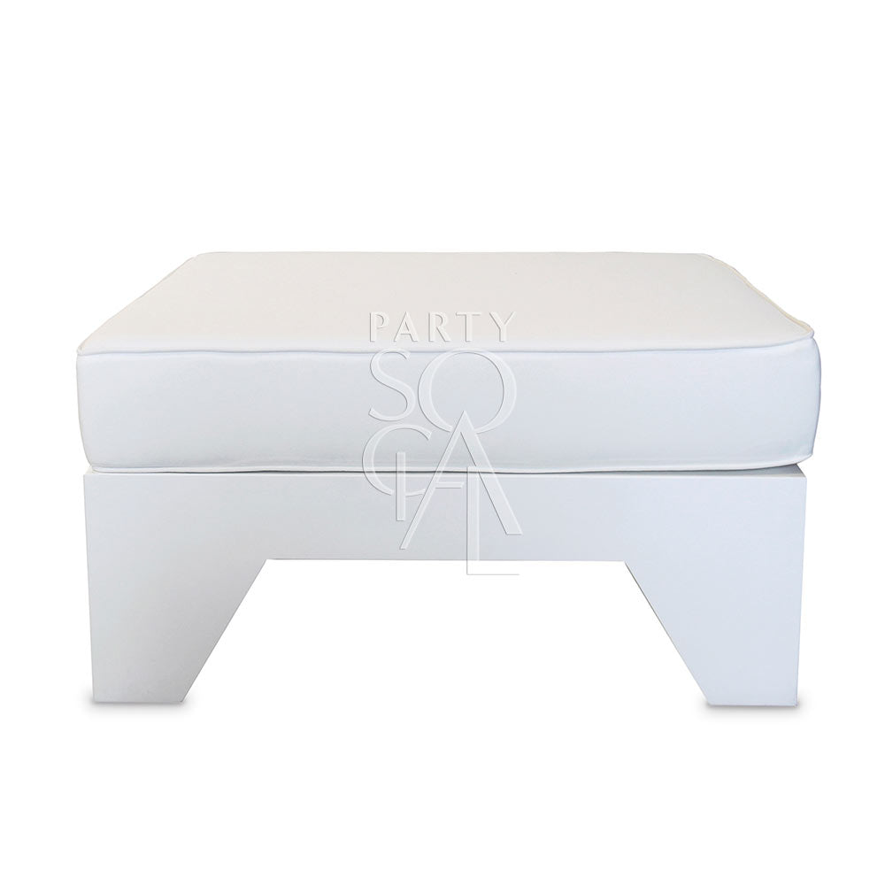 White ottoman seater with a plush cushioned top and a sleek white frame. Ideal for adding extra seating or as a footrest, offering both comfort and style to any living space.