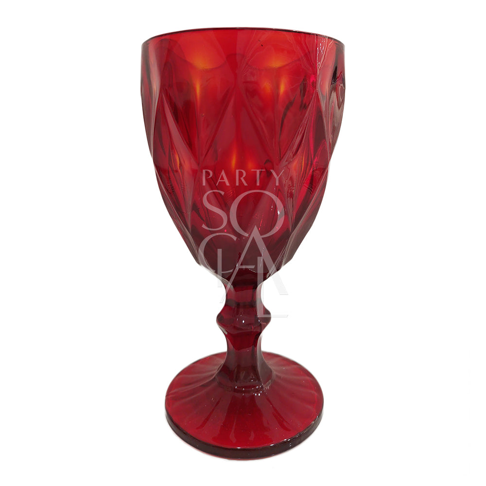 Vintage goblet in red showcasing a diamond pattern design. The vibrant red color and intricate diamond texture offer a bold and elegant accent, ideal for adding a pop of color and a touch of sophistication to any table setting.