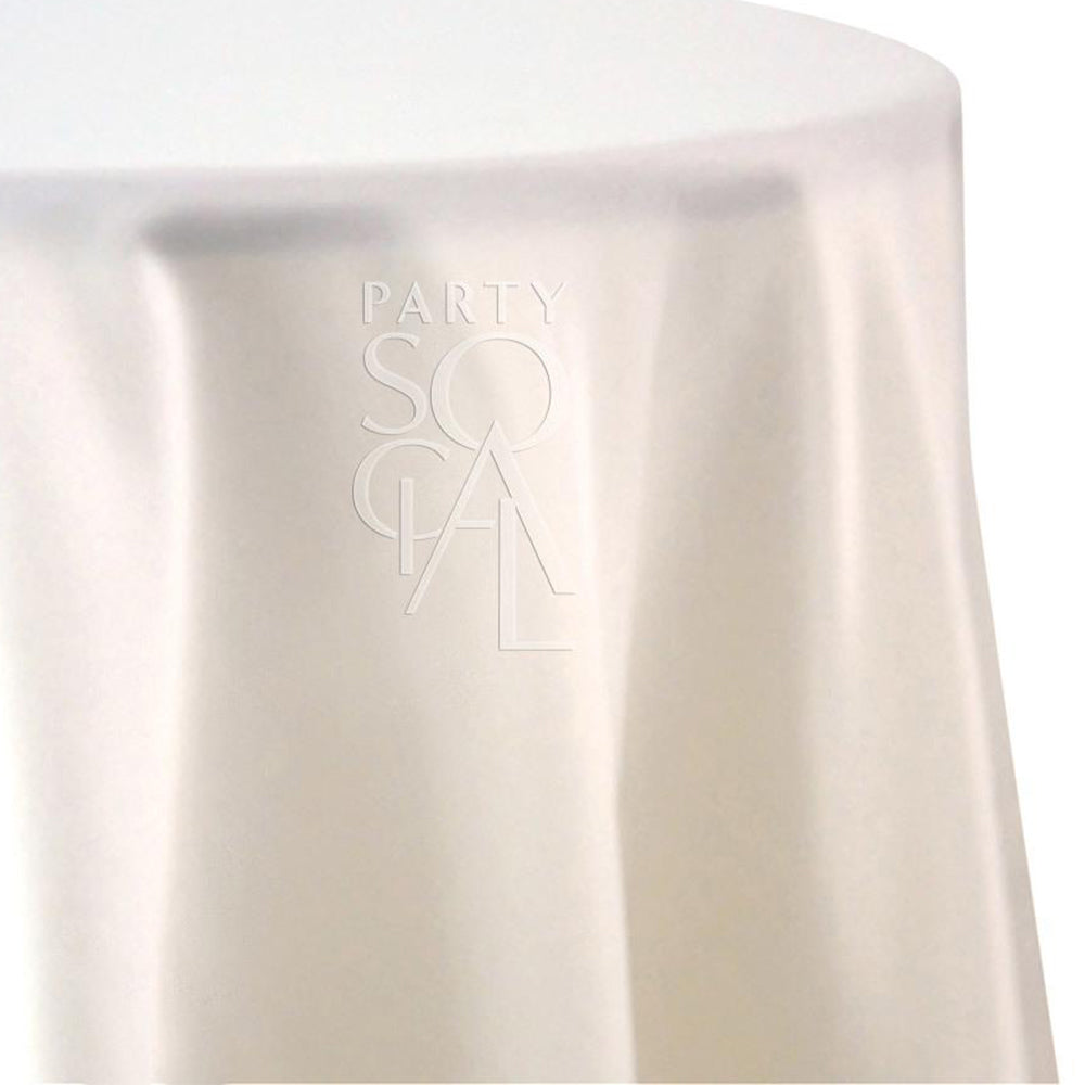 Round satin tablecloth in off white, offering a subtle and soft hue. The off white satin provides a refined and versatile look, ideal for a clean and elegant table setting.