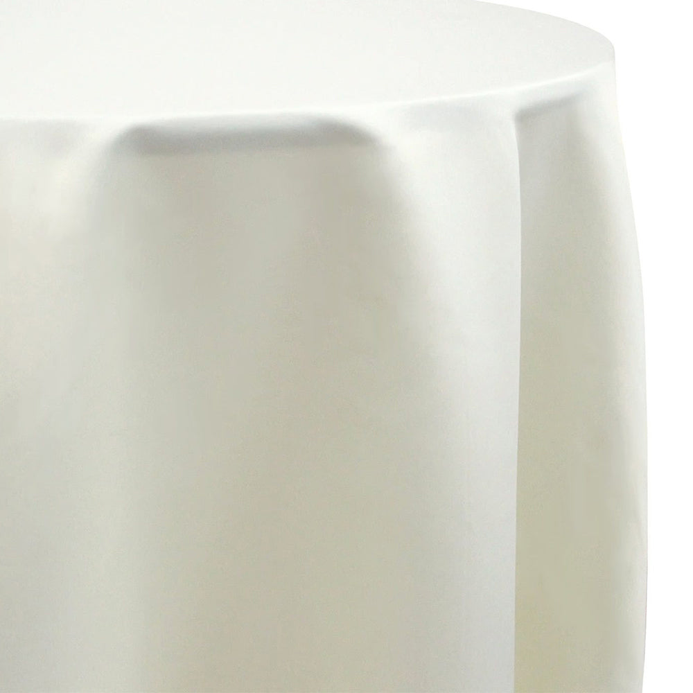 Round satin tablecloth in off white, offering a subtle and soft hue. The off white satin provides a refined and versatile look, ideal for a clean and elegant table setting.