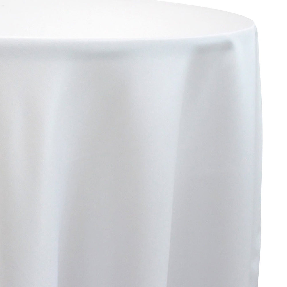 Round satin tablecloth in pure white, featuring a smooth and luxurious finish. The white satin adds a classic and elegant touch, perfect for any sophisticated table setting.