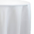 Round satin tablecloth in pure white, featuring a smooth and luxurious finish. The white satin adds a classic and elegant touch, perfect for any sophisticated table setting.